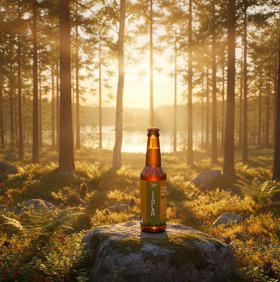 Wasserberg Brewing IPA Flasche im schwedischen Wald bei Sonnenuntergang